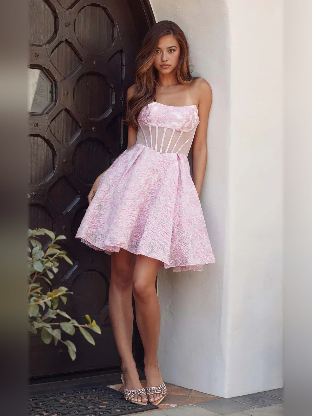 Pink strapless corset A-line short dress with textured bodice and flared skirt