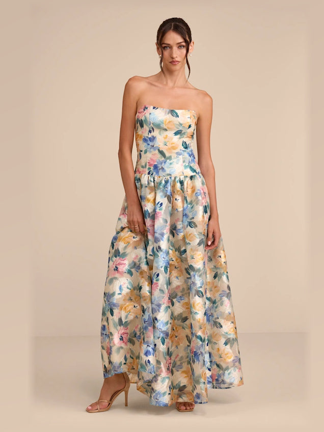 Champagne Blue Peach Floral Print maxi formal dress, front full-length view showing the neckline
