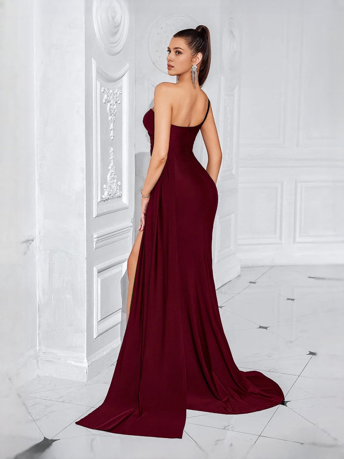 Wine one-shoulder mermaid prom dress, ruched bodice and front slit, floor length