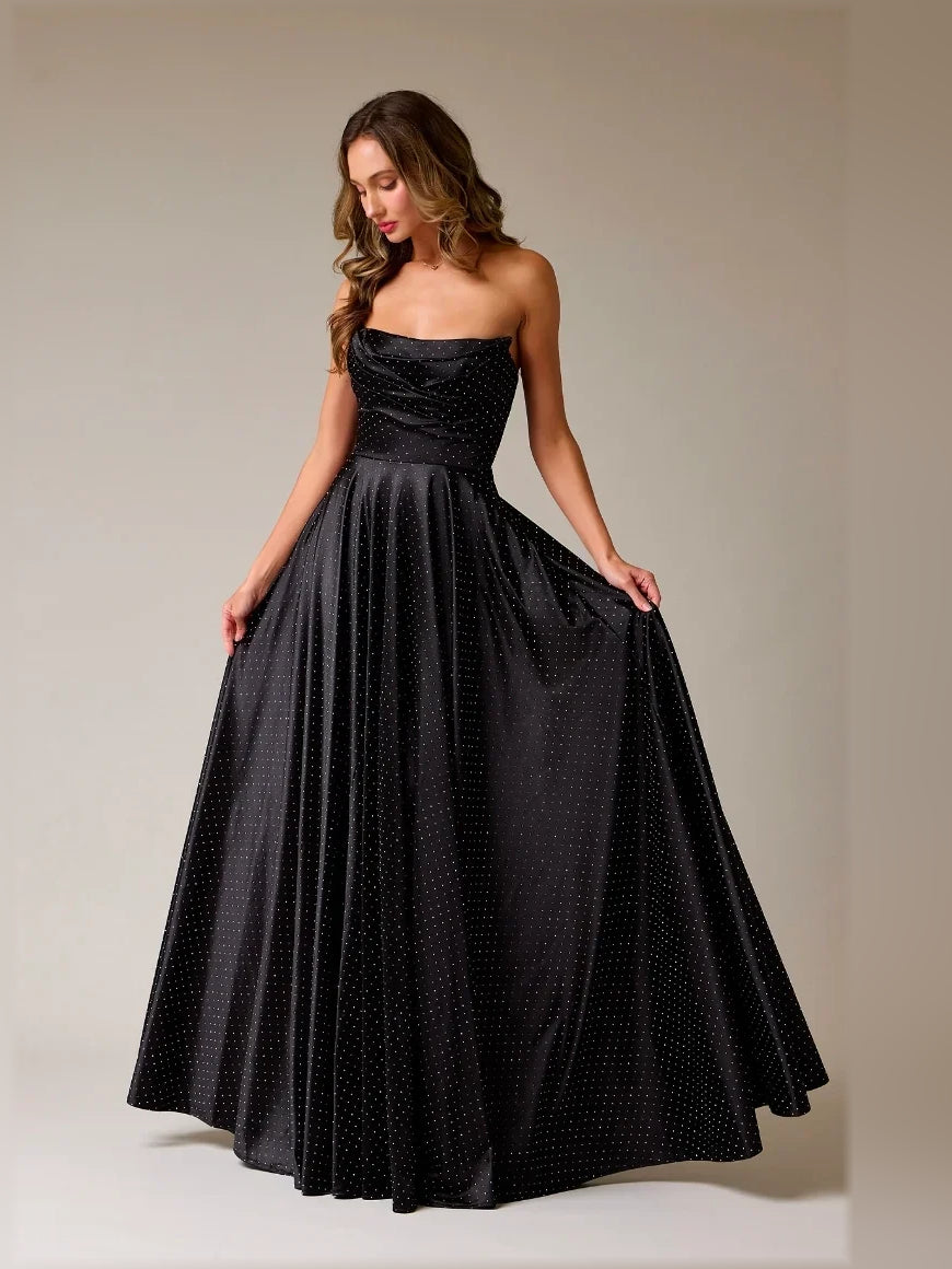 Black strapless A-line satin formal dress with sparkly dotted texture, full length