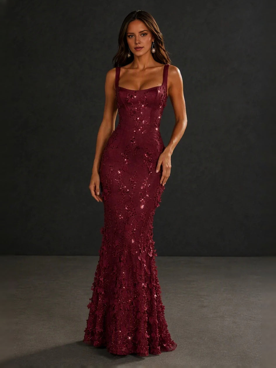 Burgundy corset-style mermaid prom dress with square neckline and floral applique hem