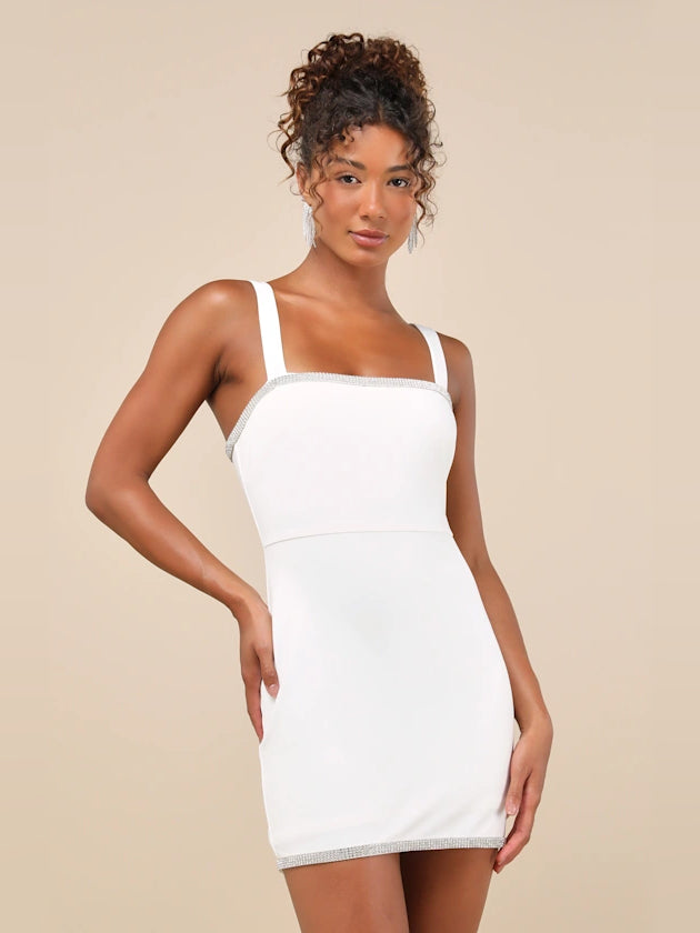 White sleeveless bodycon mini dress with square neckline and thin straps