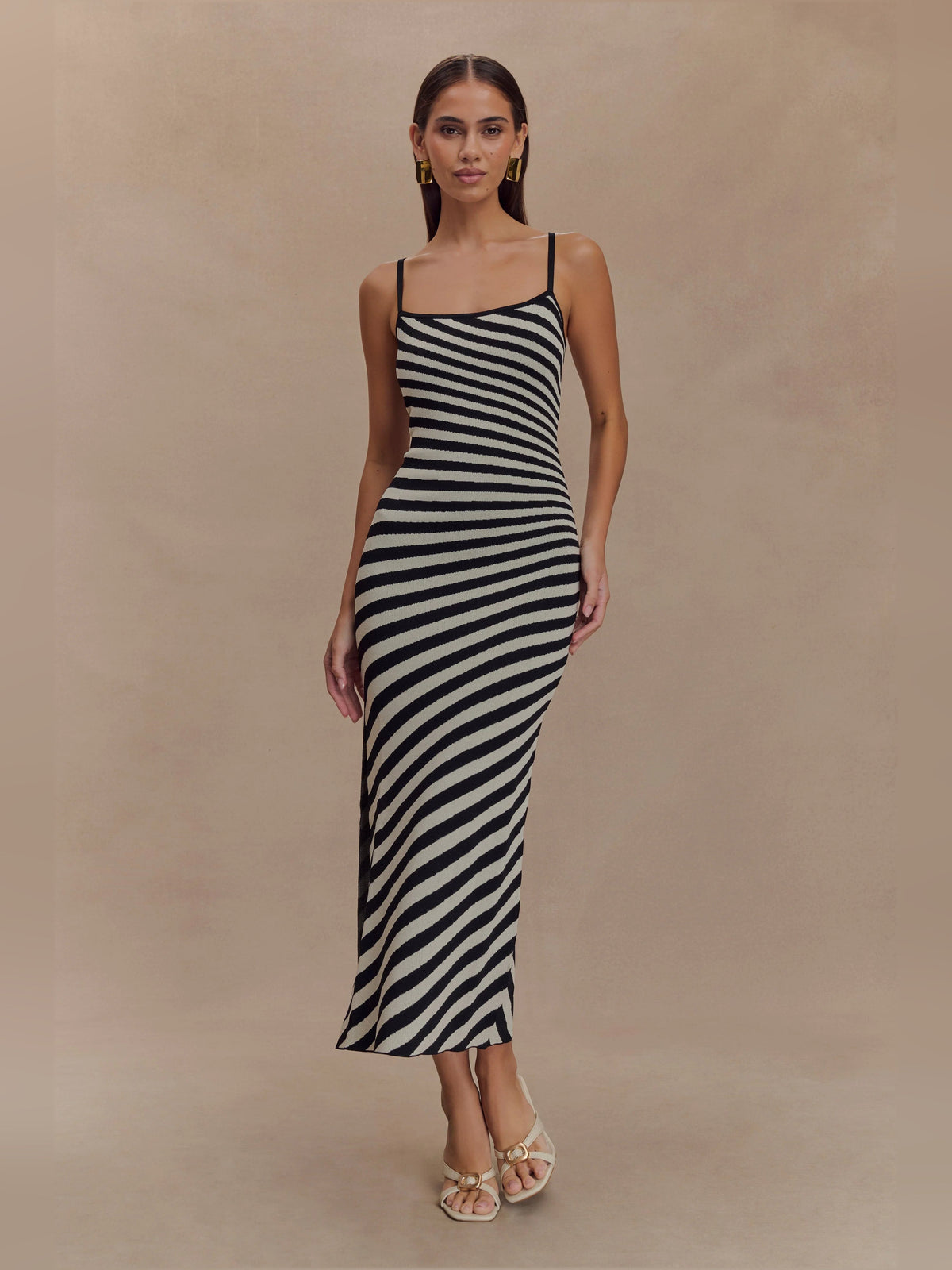 Black-and-white striped knit midi dress, spaghetti straps, bodycon fit