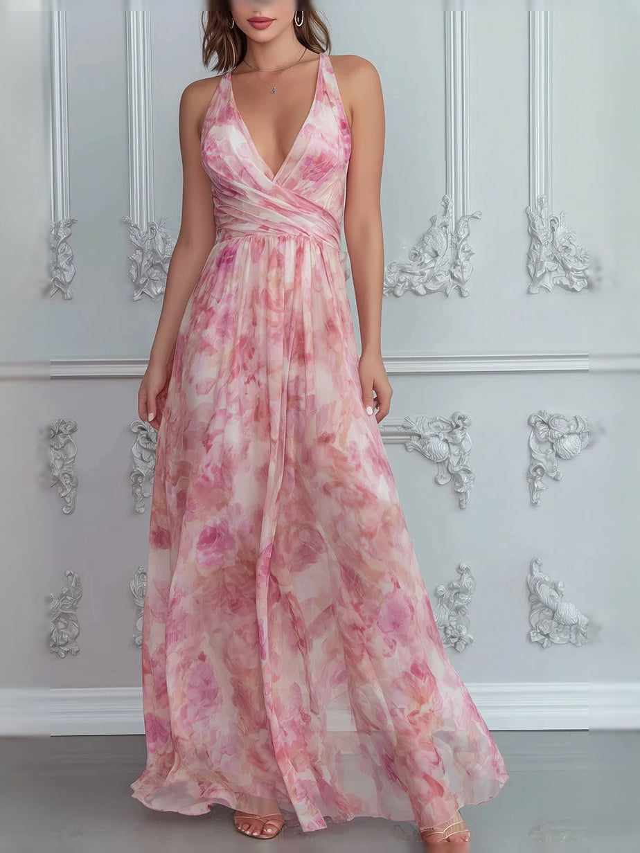 Dusty pink floral chiffon A-line bridesmaid dress with V-neck, floor-length skirt