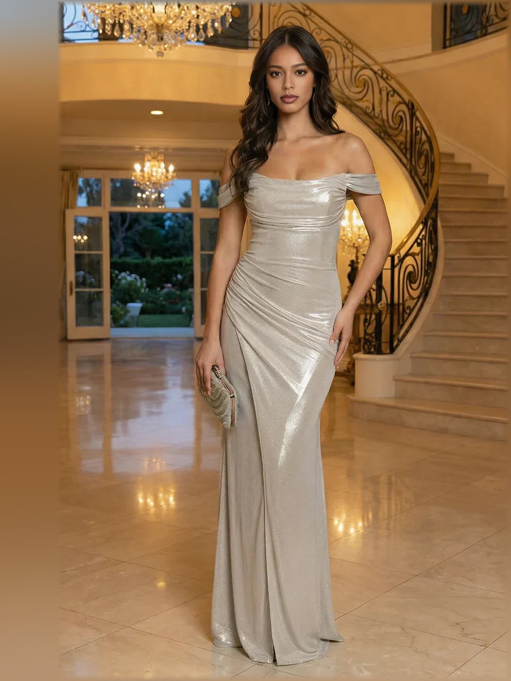 Beige off-the-shoulder ruched satin mermaid gown, floor-length, draped shoulder detail