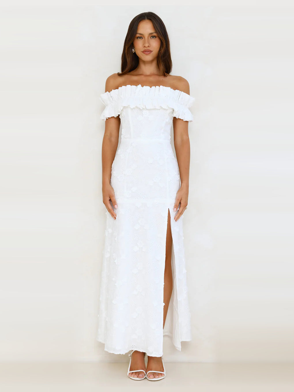 White off-the-shoulder ruffle maxi dress with front slit and short sleeves