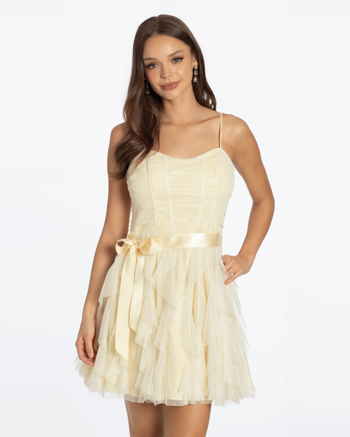 Butter fit-and-flare homecoming dress with spaghetti straps, tiered tulle skirt, waist bow