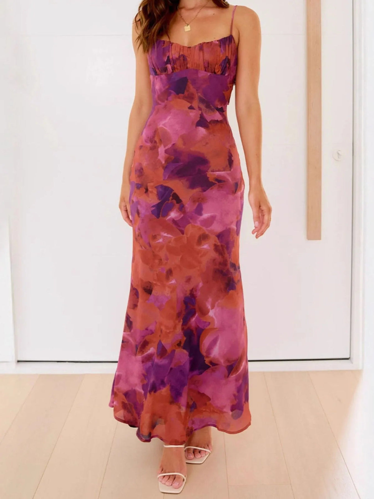 Orange Purple Floral Print sheath maxi formal dress with cutout detail, full-length front view