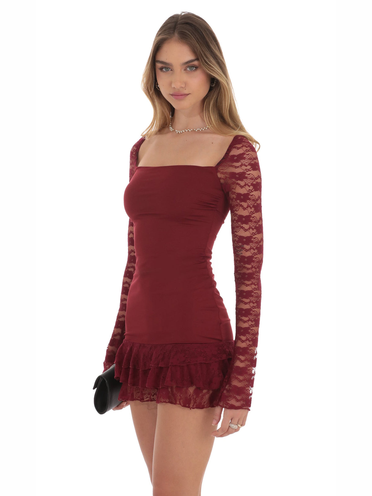 Maroon homecoming dress with bodycon silhouette and maxi length