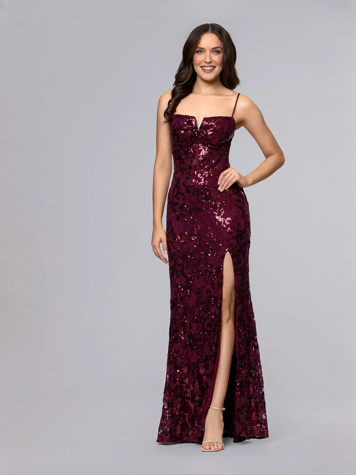 Wine sequin corset dress with spaghetti straps, sweetheart neckline, front slit