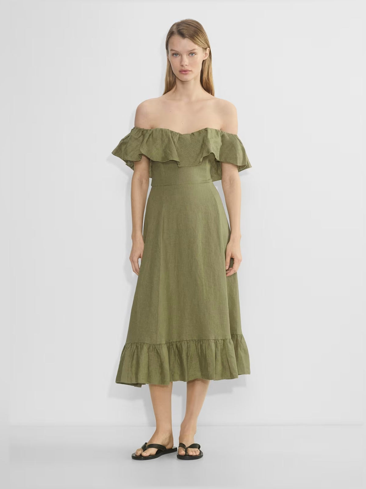 Olive off-shoulder linen midi dress with ruffled neckline and tiered hem