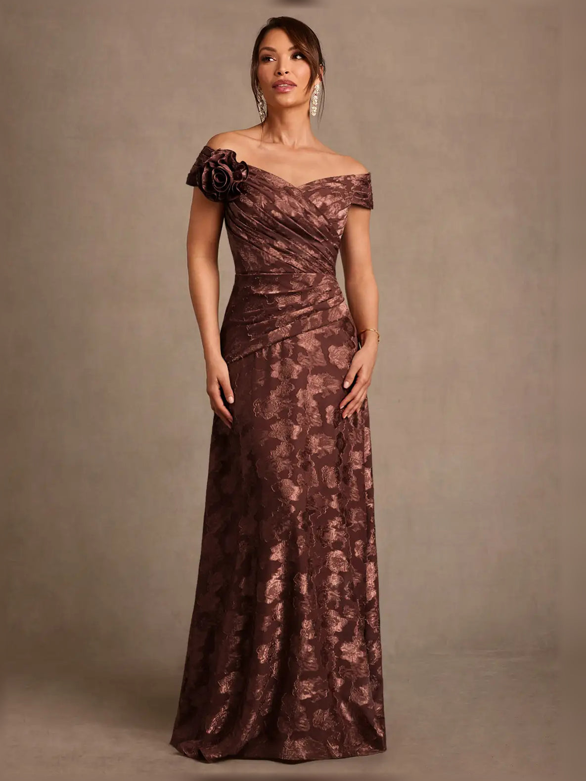 Espresso off-shoulder maxi dress with ruched bodice, floral jacquard, rosette shoulder