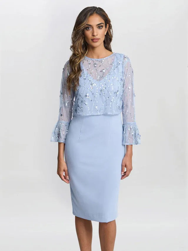 Light blue beaded sheath dress with round neck, sheer long sleeves, knee length