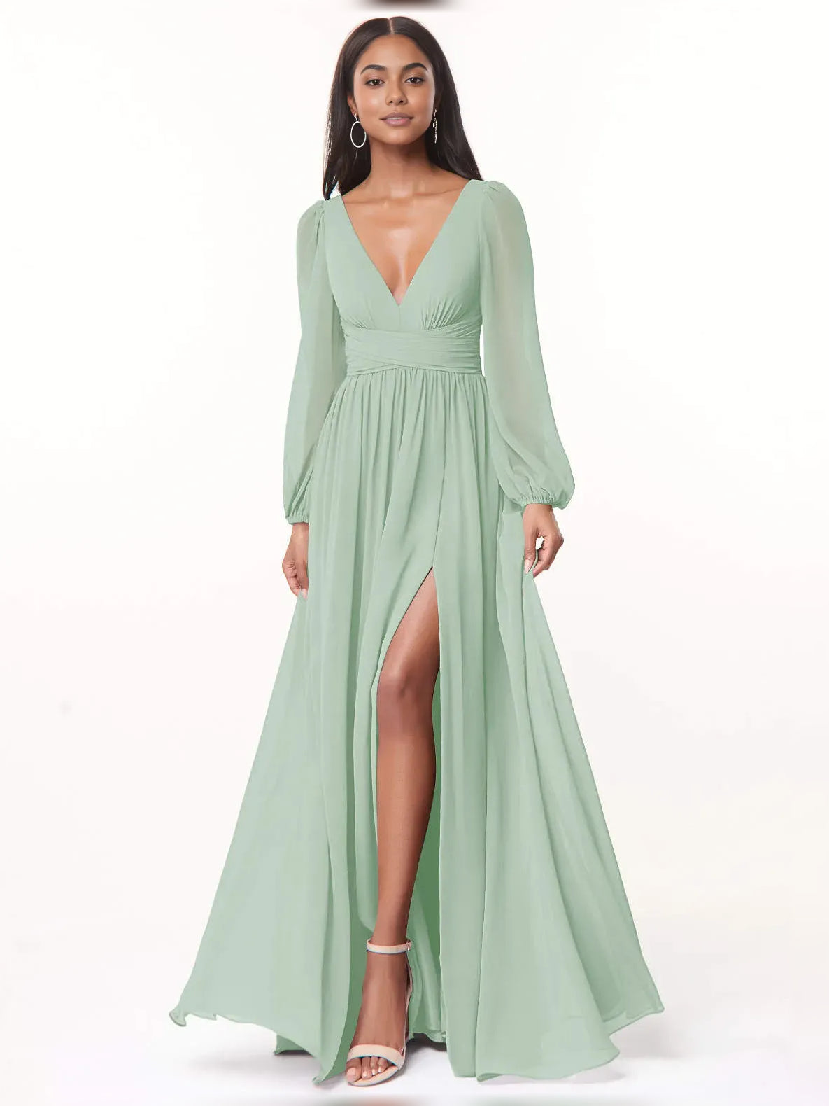 Dusty sage chiffon bridesmaid dress, V-neck bodice, long puff sleeves, front slit A-line.