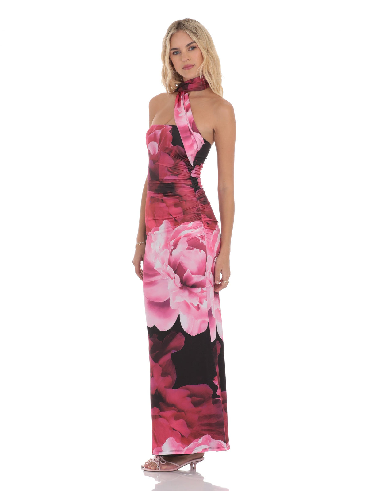Red And Black bridesmaid dress with a-line silhouette and maxi length