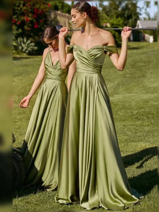Olive green satin A-line dress with off-shoulder neckline, ruched waist, floor length