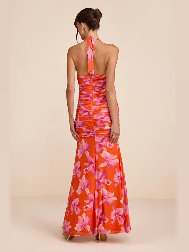 Orange Pink Floral formal dress with a-line silhouette and maxi length