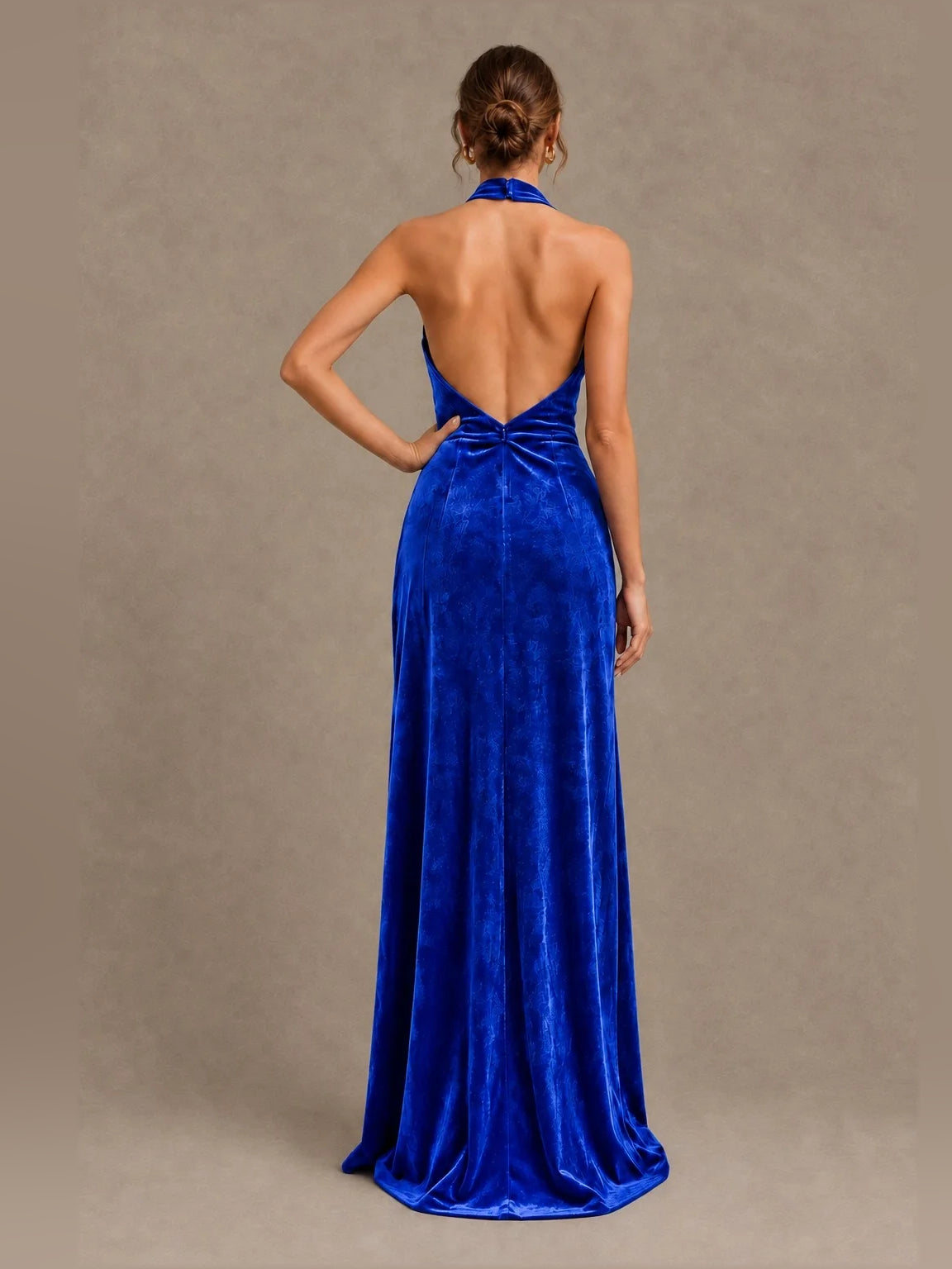 Ruched velvet V-neck sheath bridesmaid dress in blue, back bow detail, floor-length