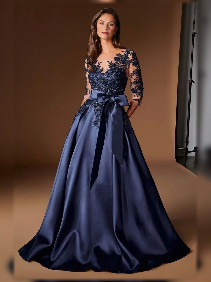 Dark blue satin A-line evening dress with lace sleeves and illusion neckline, waist bow