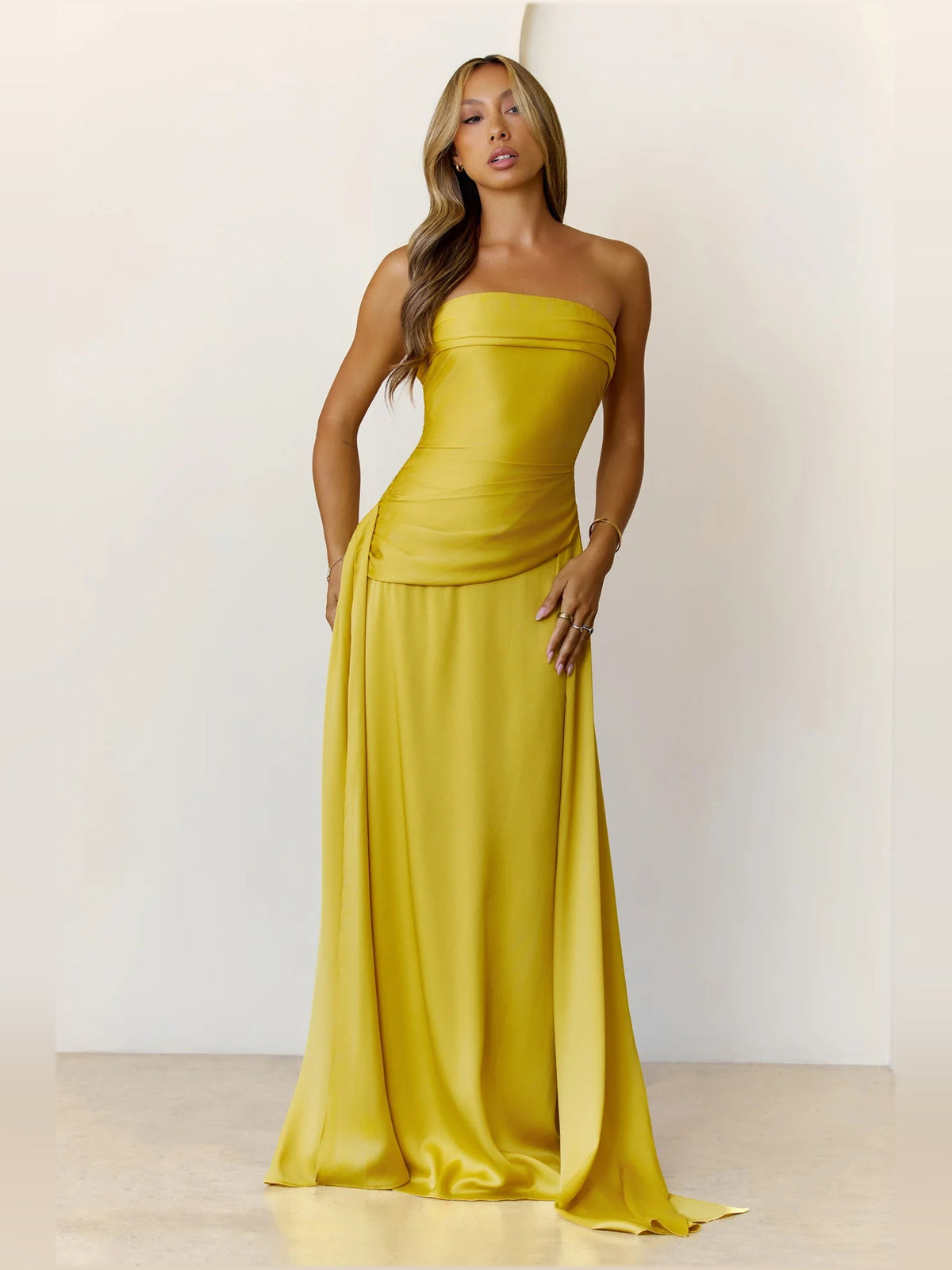 Lime a-line maxi formal dress with strapless neckline, full-length front view