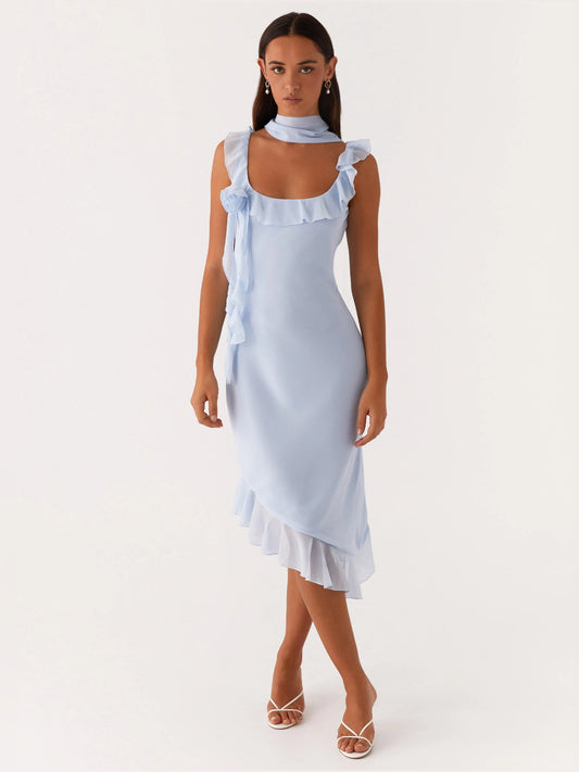 Light blue midi dress with ruffled neckline and layered hem
