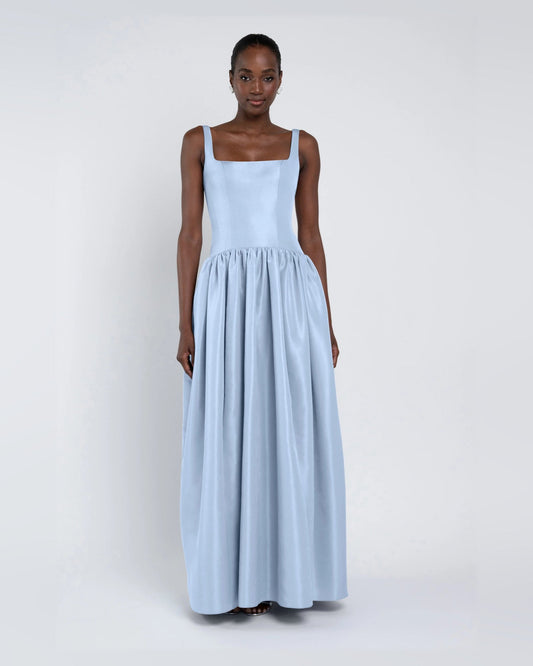 Light blue A-line maxi formal dress with square neckline and sleeveless bodice