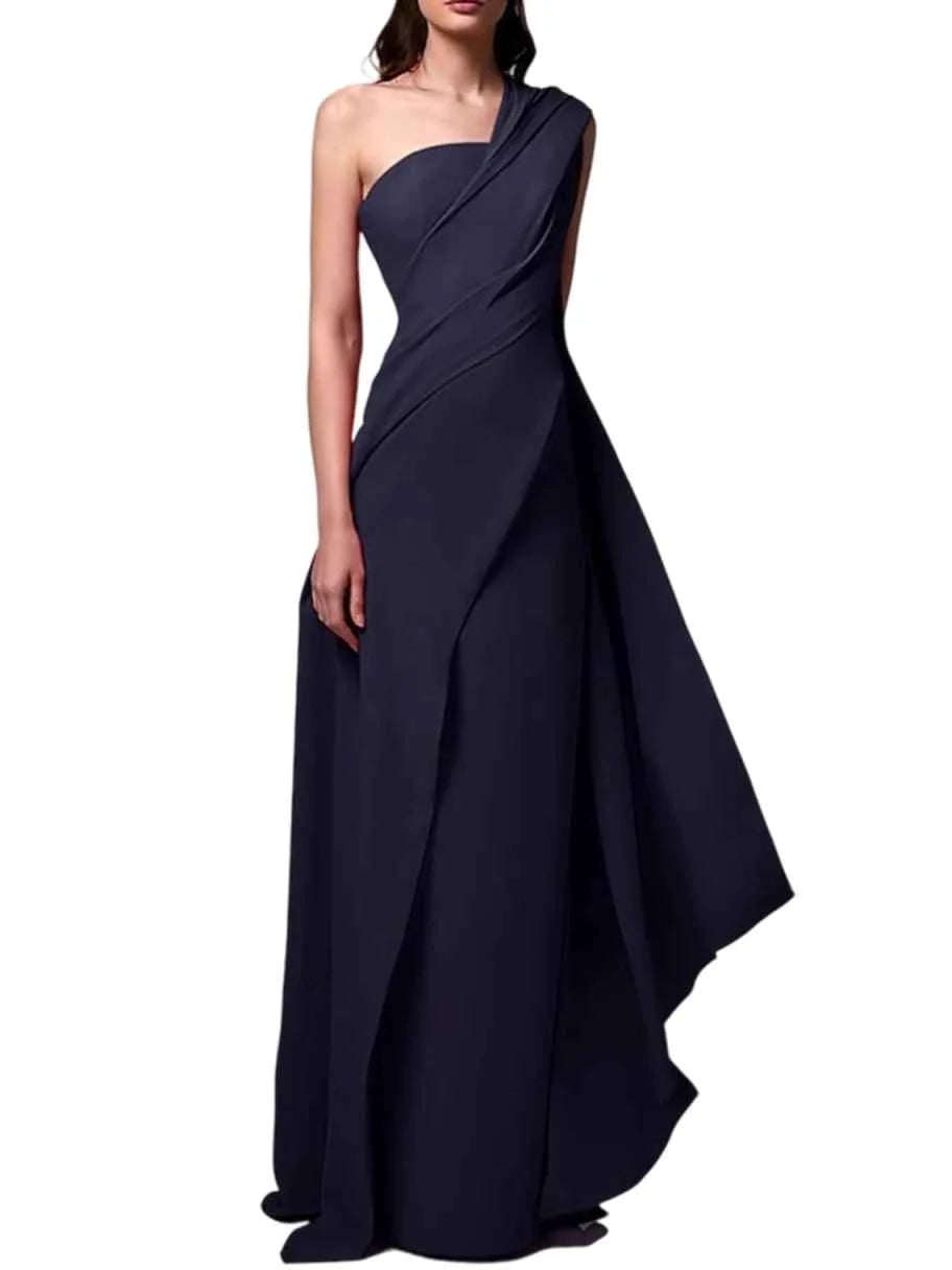 Dark navy one-shoulder floor-length formal dress with diagonal wrap bodice