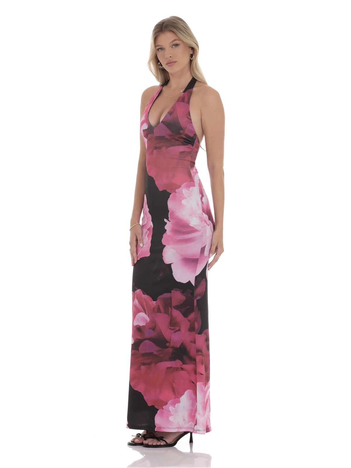 Black bridesmaid dress with a-line silhouette and maxi length