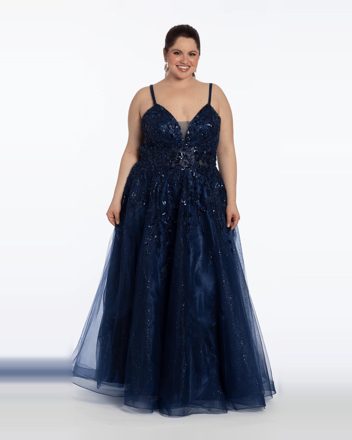 Navy sequin ball-gown prom dress with V-neck and spaghetti straps