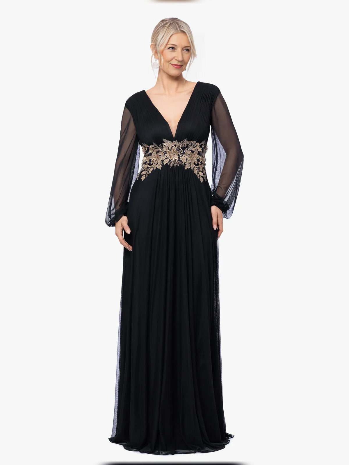 Black embroidered V-neck A-line maxi dress with sheer sleeves