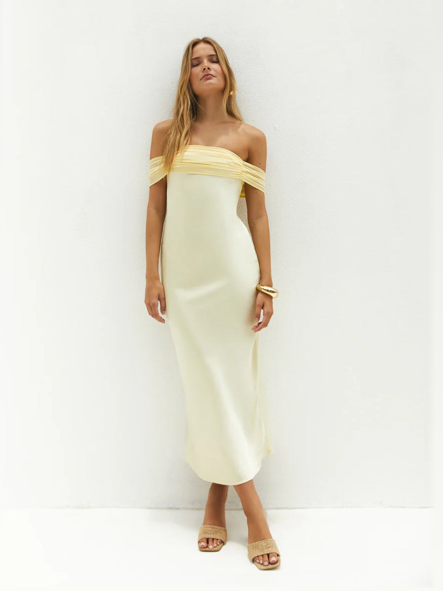 Yellow midi formal dress, front full-length view showing the neckline