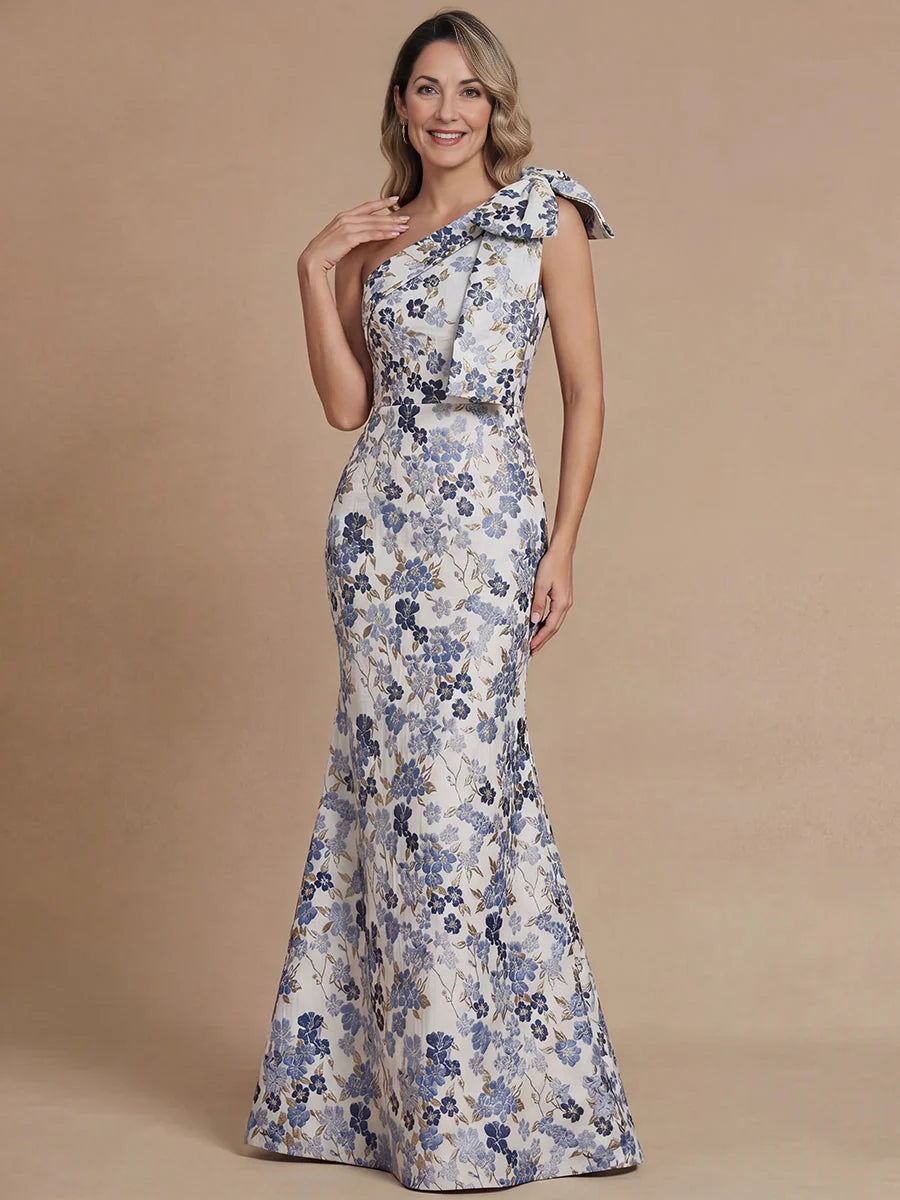 Dusty blue floral one-shoulder mermaid dress with shoulder bow, floor-length