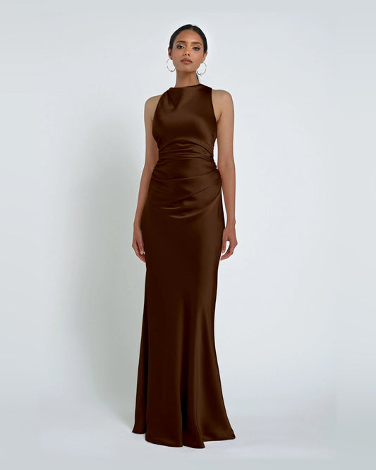 Chocolate satin A-line maxi dress with high neckline and gathered waist, front slit