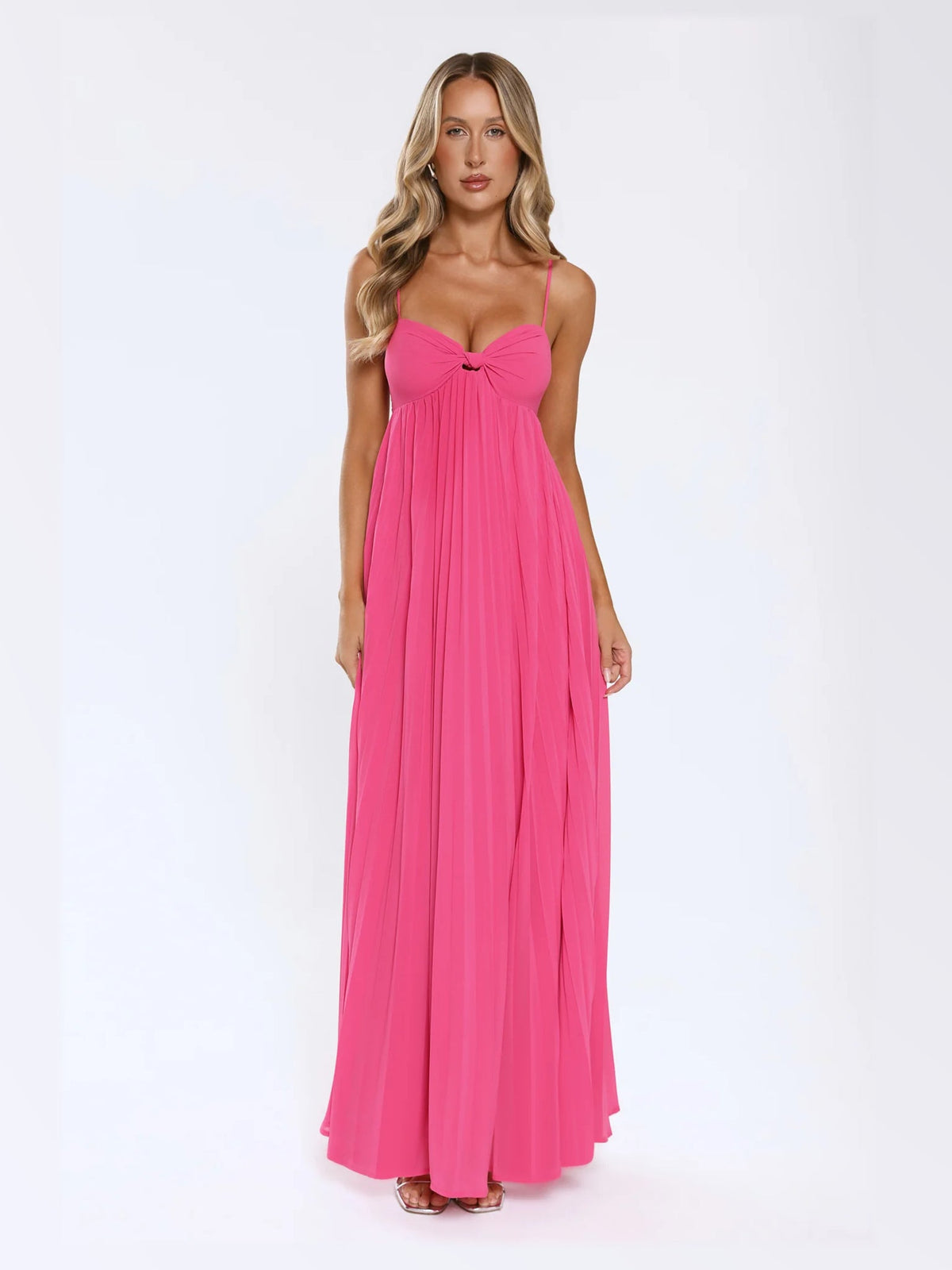 Pink maxi formal dress, front full-length view showing the neckline