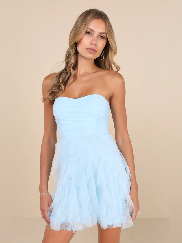 Light blue strapless mini homecoming dress with ruched bodice and layered ruffle skirt