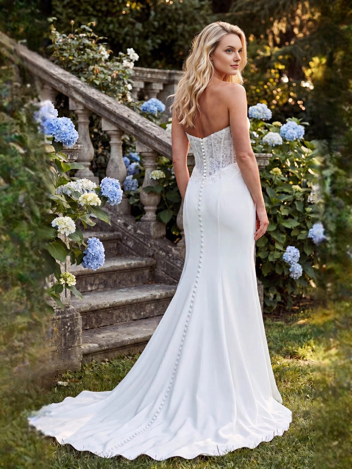 Ivory sweetheart corset wedding dress with lace bodice and front slit, mermaid floor length