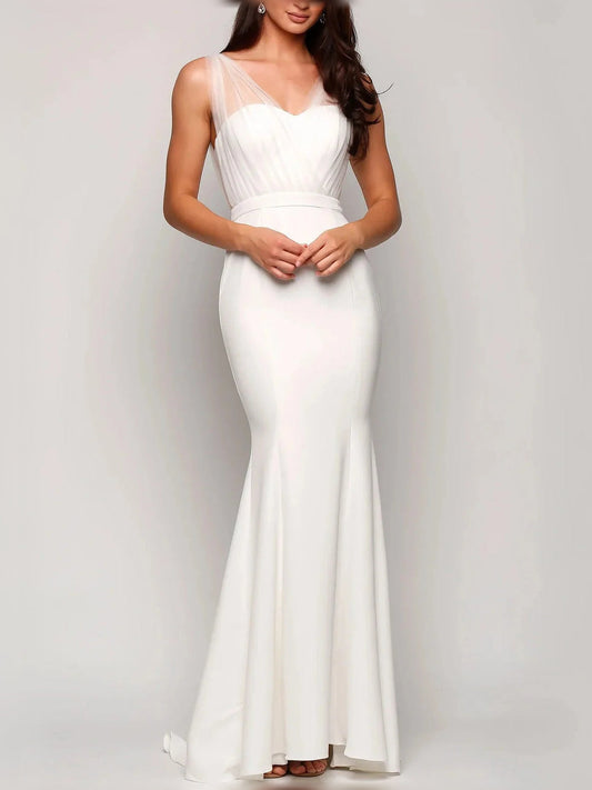 White ruched V-neck sheath maxi dress with sleeveless chiffon overlay