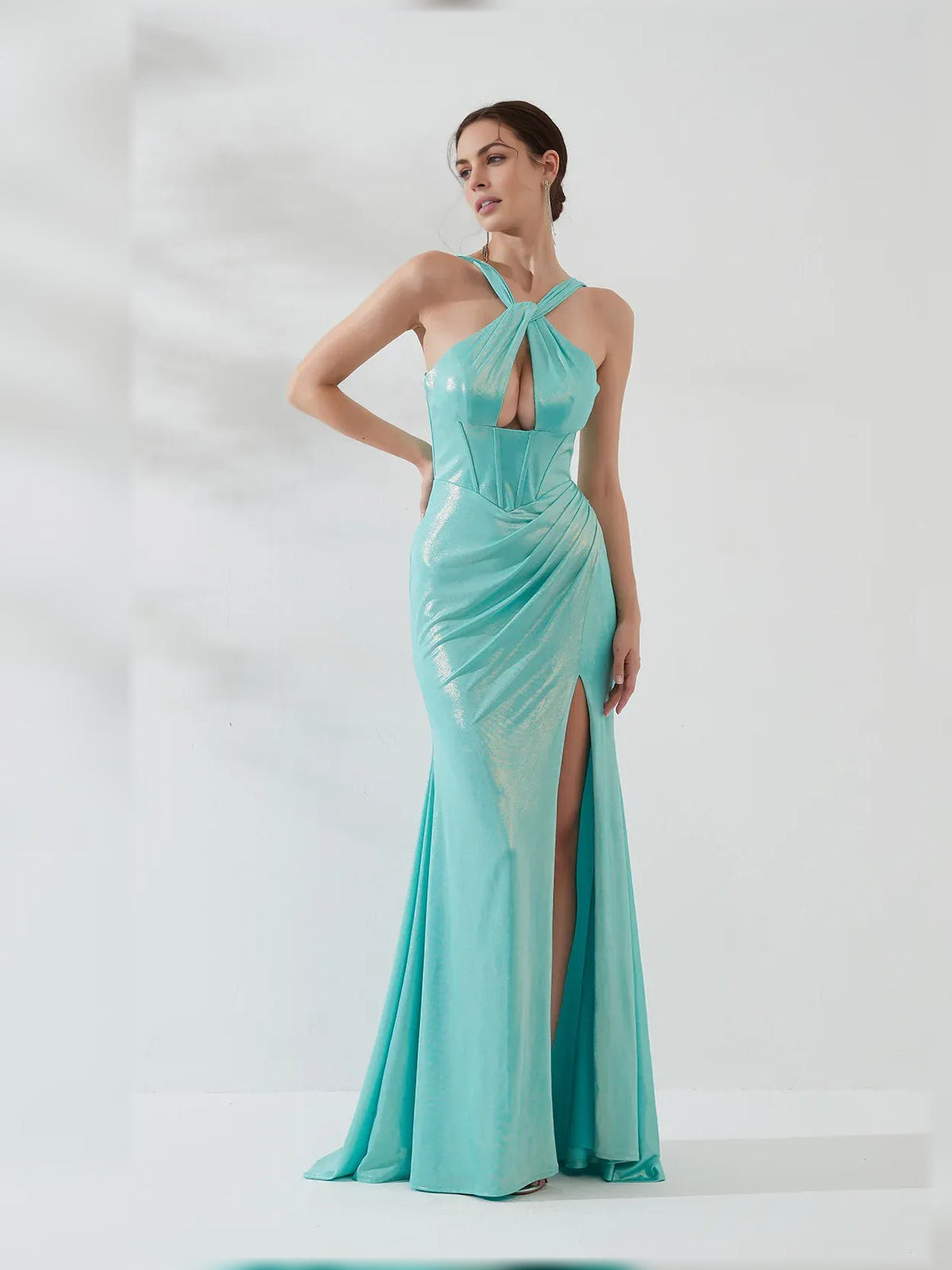 Ice blue halter-neck corset formal dress with thigh slit, floor-length, bow detail