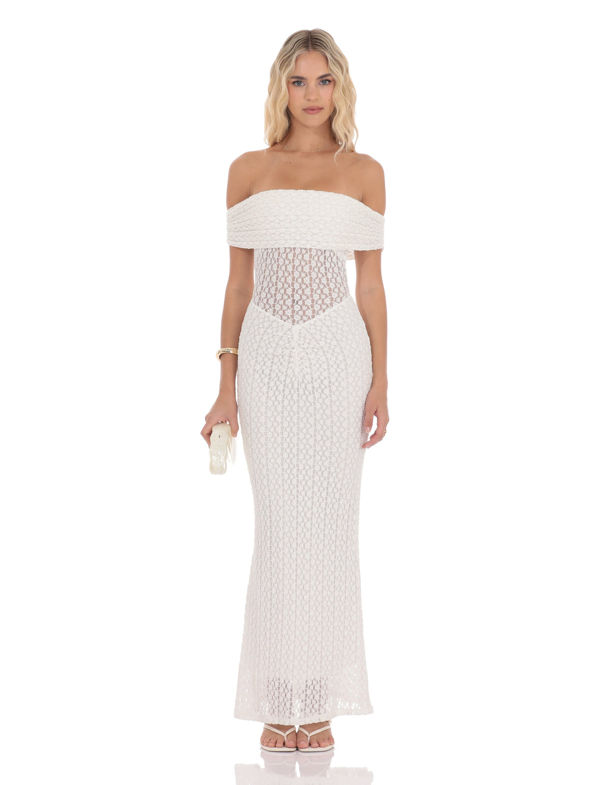 White bridesmaid dress with bodycon silhouette and maxi length