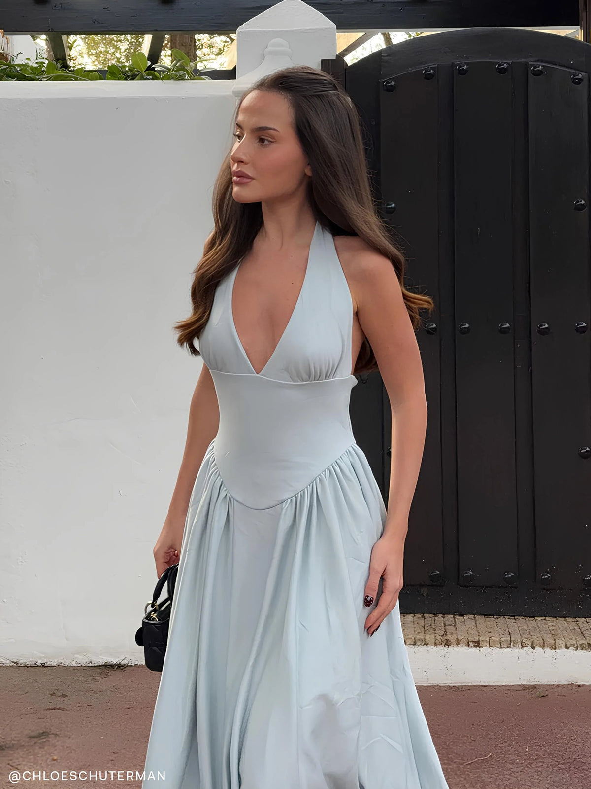 Light blue halter V-neck midi formal dress with gathered waist and pleated skirt