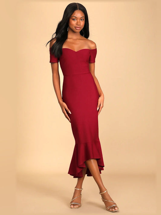 Off-shoulder midi formal dress in dark red, fitted bodice with flared hem