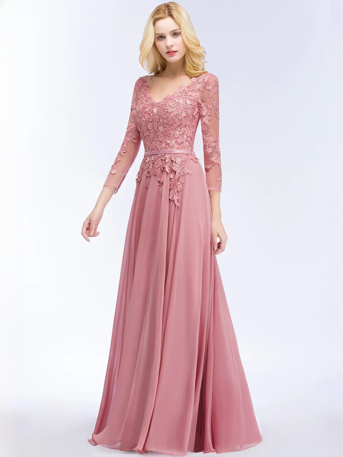 Dusty pink V-neck A-line chiffon prom dress with lace bodice and long sheer sleeves