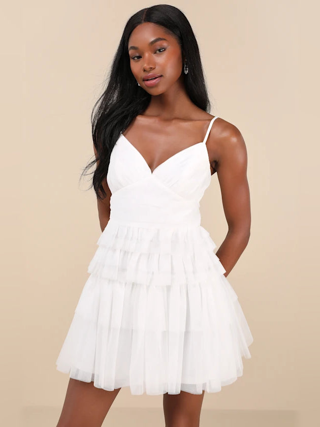 White pleated tiered tulle mini dress with V-neck and spaghetti straps