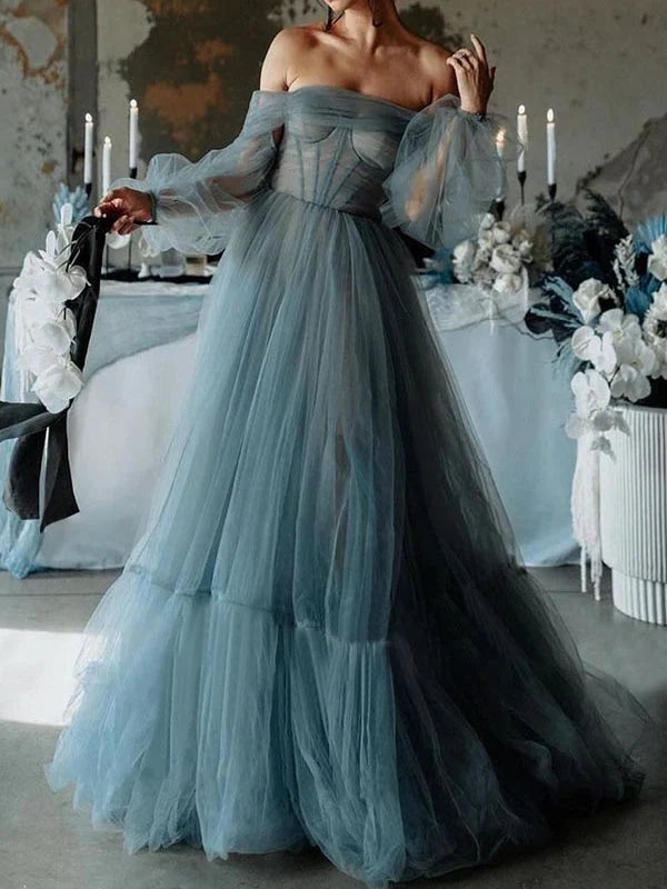 Dusty blue tiered sweetheart A-line tulle prom dress with off-shoulder sleeves