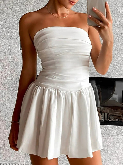 White off-shoulder sleeveless mini dress with ruched bandeau bodice and flared skirt