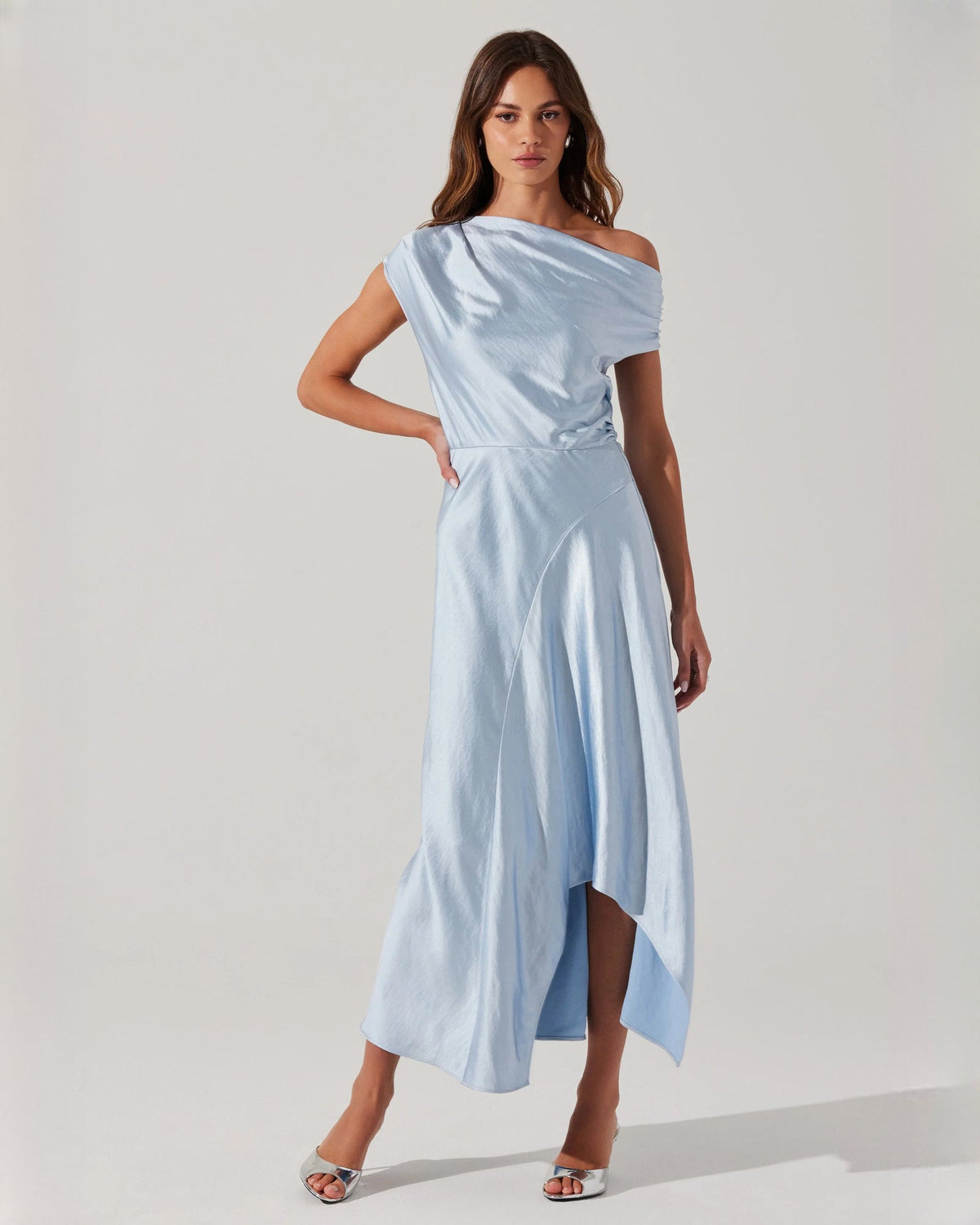 Light blue satin sleeveless A-line midi dress with draped off-shoulder neckline