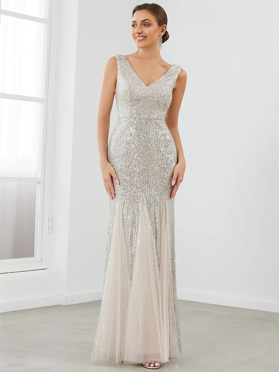 Silver sequin V-neck sleeveless mermaid formal dress with sheer tulle skirt