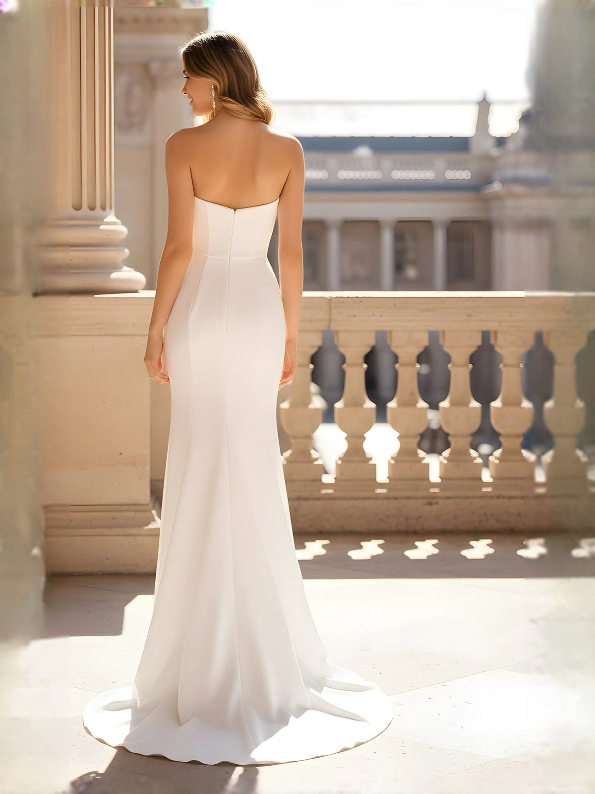 Ivory satin mermaid wedding dress with sweetheart bodice and back ruched detailing