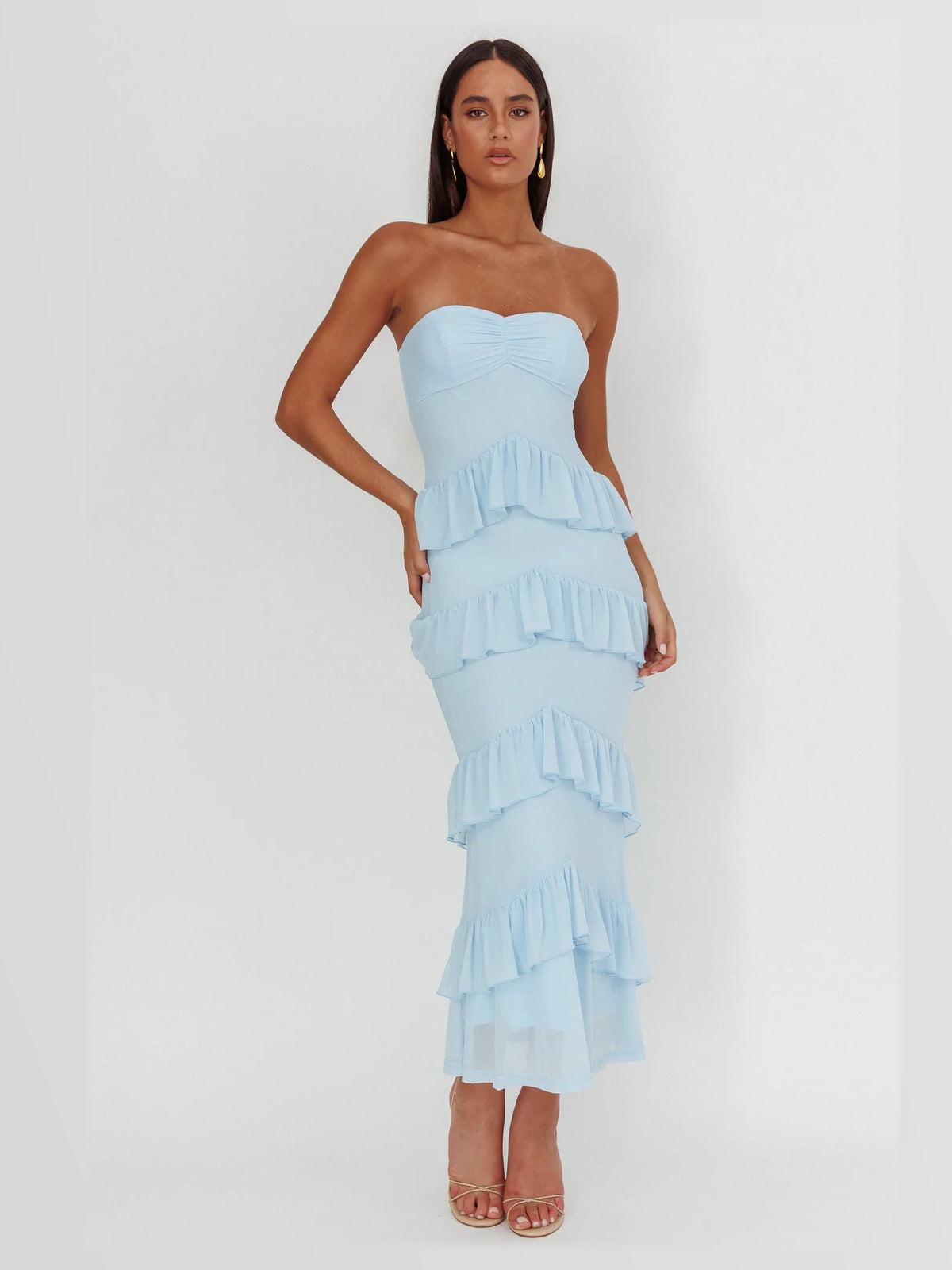 Light blue strapless sweetheart tiered midi formal dress with layered ruffle tiers