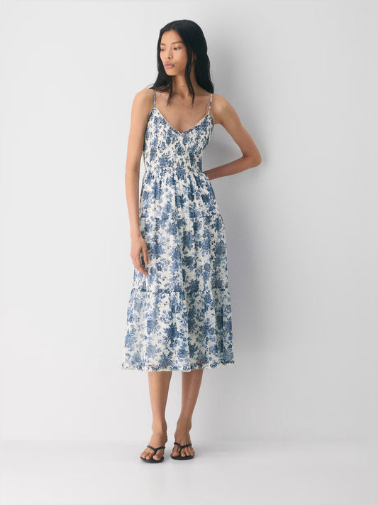 Floral midi formal dress with V-neckline, full-length front view